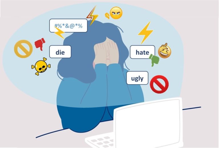 A picture of a figure in distress highlights the need for bullying policies and procedures.