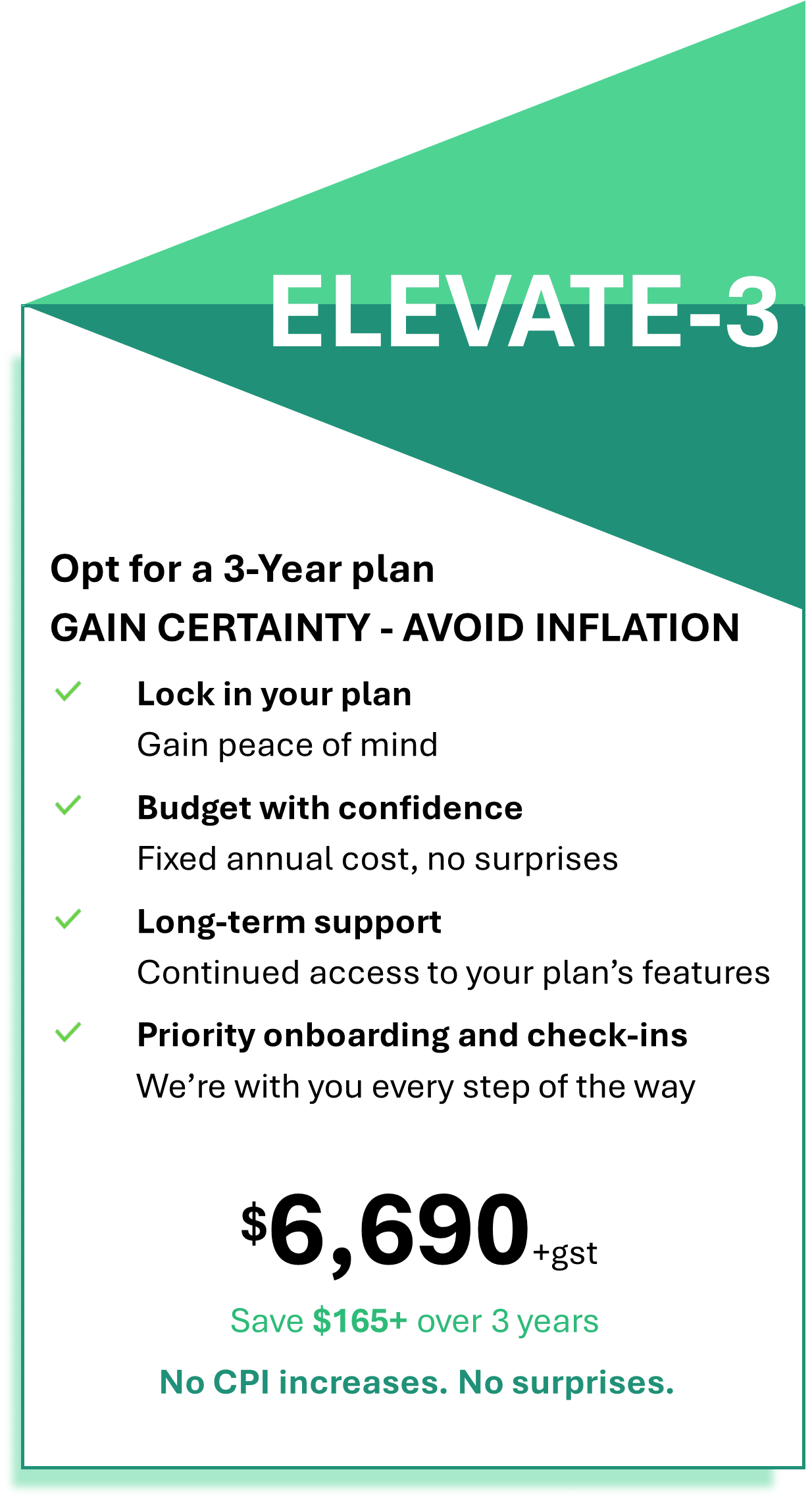 The Policy Place Elevate 3 Plan inclusions. Gain certainty, avoid inflation