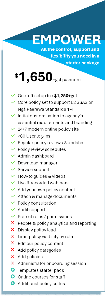 The Policy Place Empower Plan inclusions - All the control, support and flexibility you need in a starter plan.