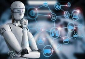 AI robot with diagram links depicting learning and thinking
