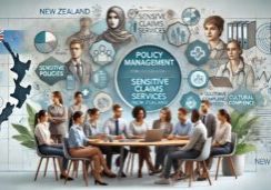 Image shows a group of professionals focused on a digital policy management platform.
